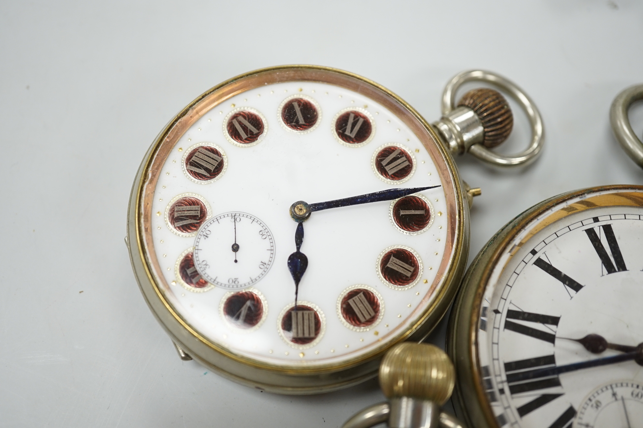 Six assorted Goliath pocket watches, largest diameter 77mm.